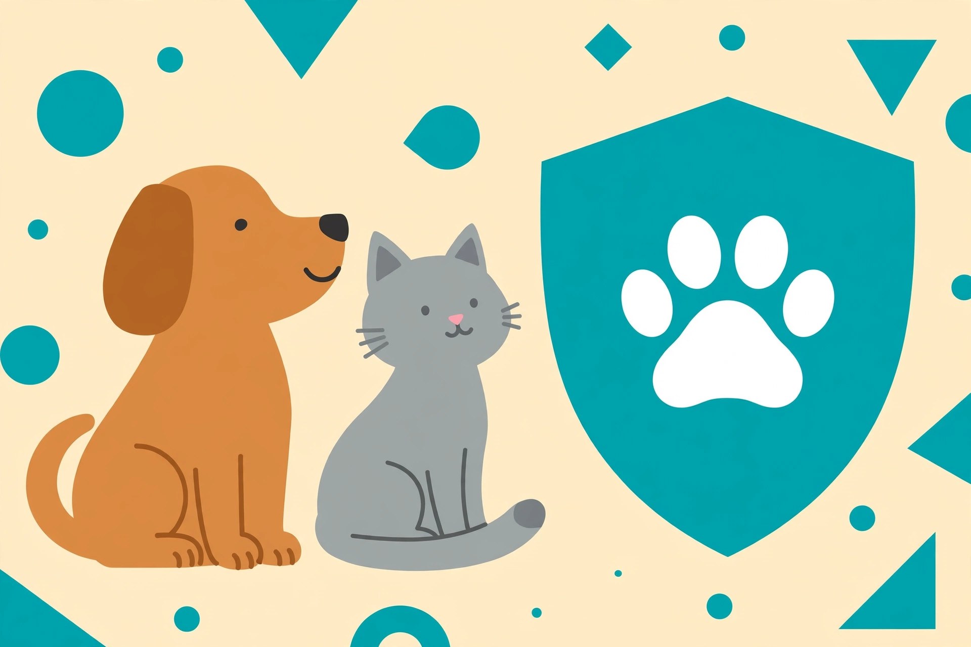 Flat illustration of a dog and cat sitting beside a shield icon with a paw print, in teal and warm tones