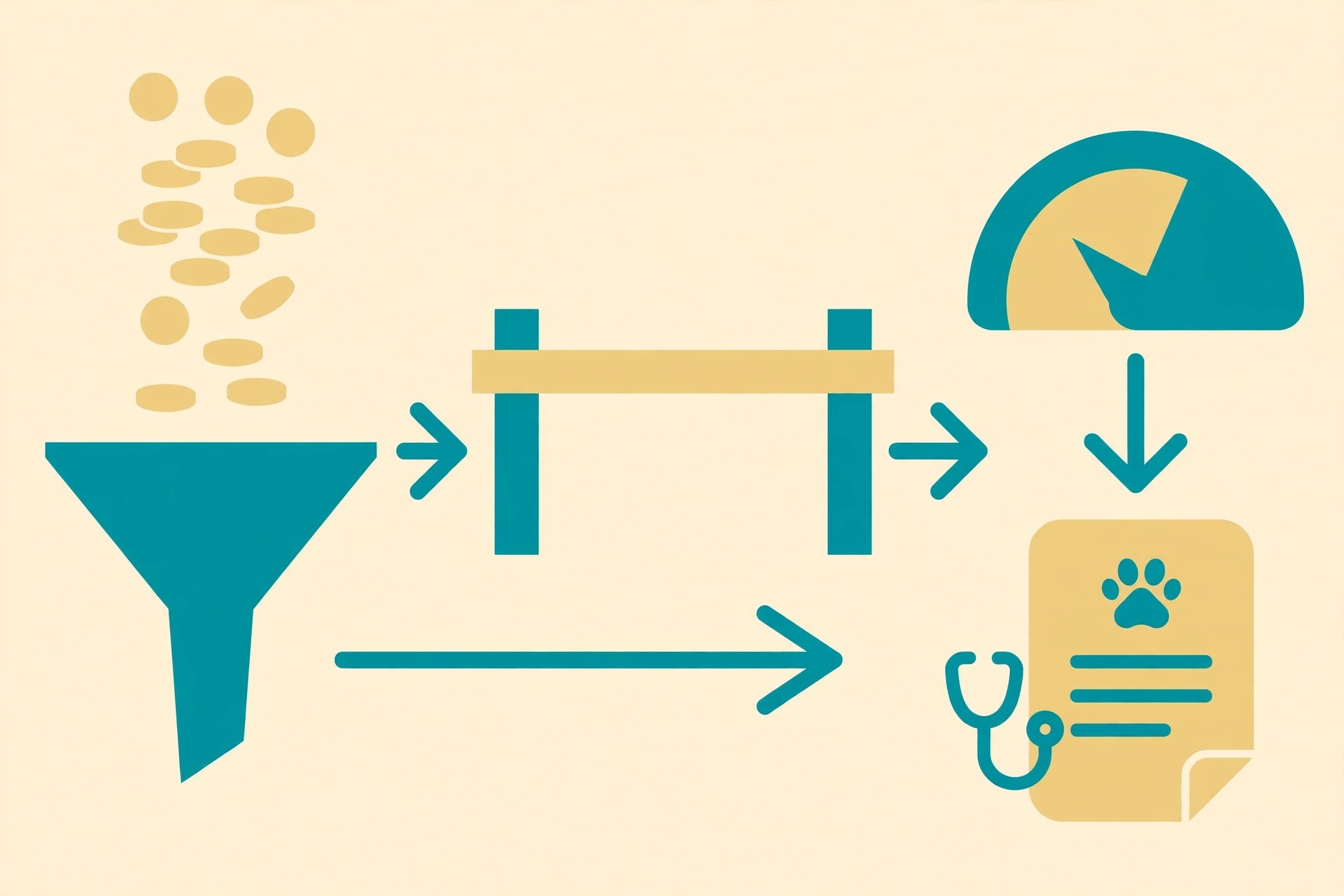 Flat illustration of a premium payment flowing through a deductible and reimbursement meter to a vet bill