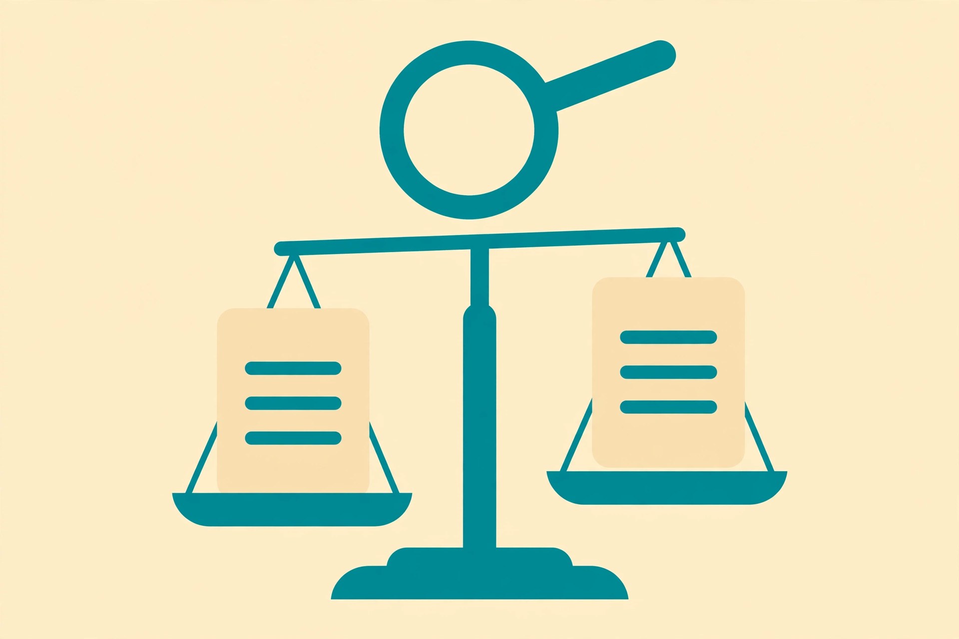 Flat illustration of two insurance plan cards on a scale being compared with a magnifying glass