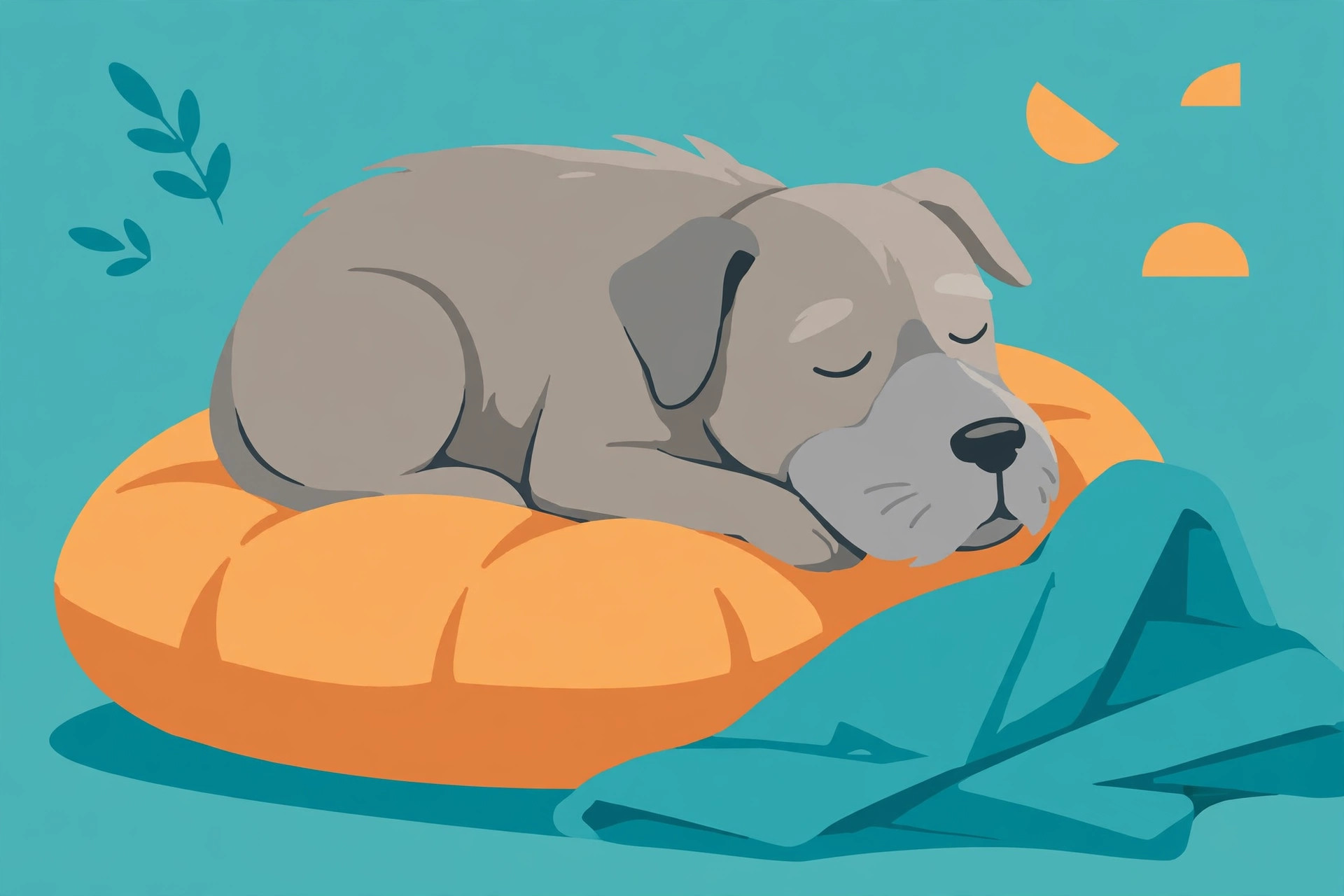 Flat illustration of a gray-muzzled senior dog sleeping on a cushion with a blanket