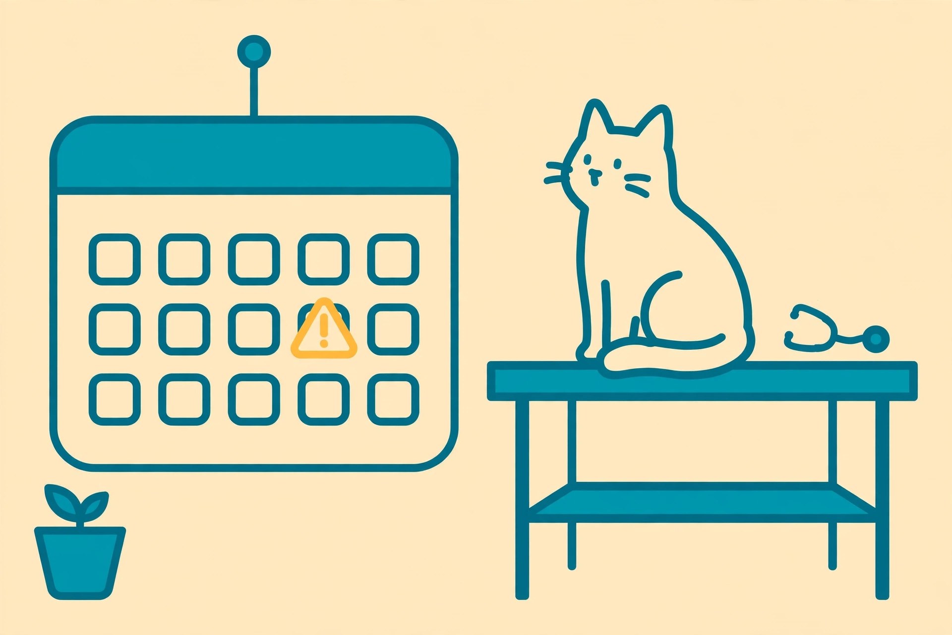 Flat illustration of a calendar with a warning triangle over a waiting period, beside a cat at the vet