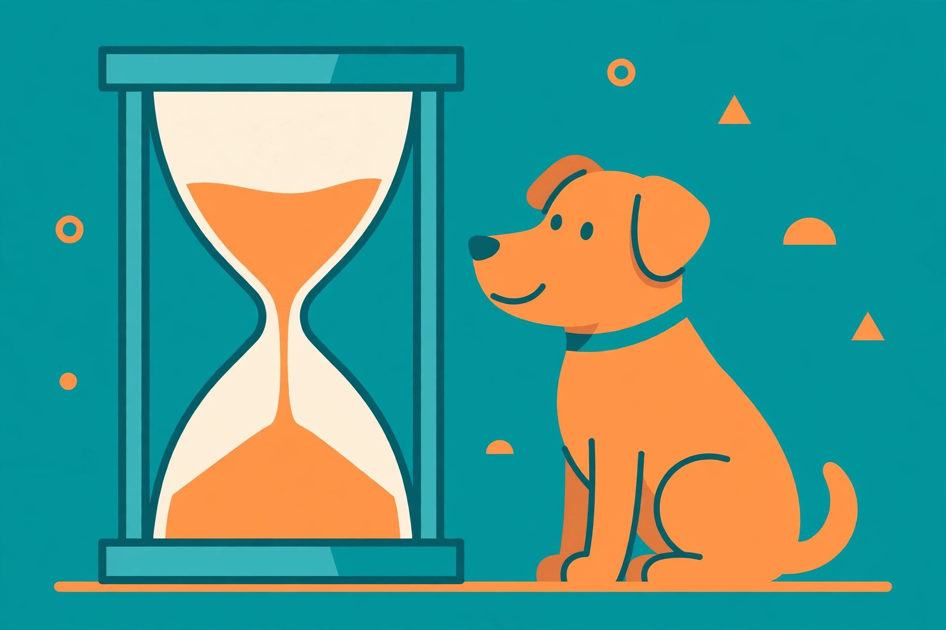 Flat illustration of a dog sitting beside a large hourglass