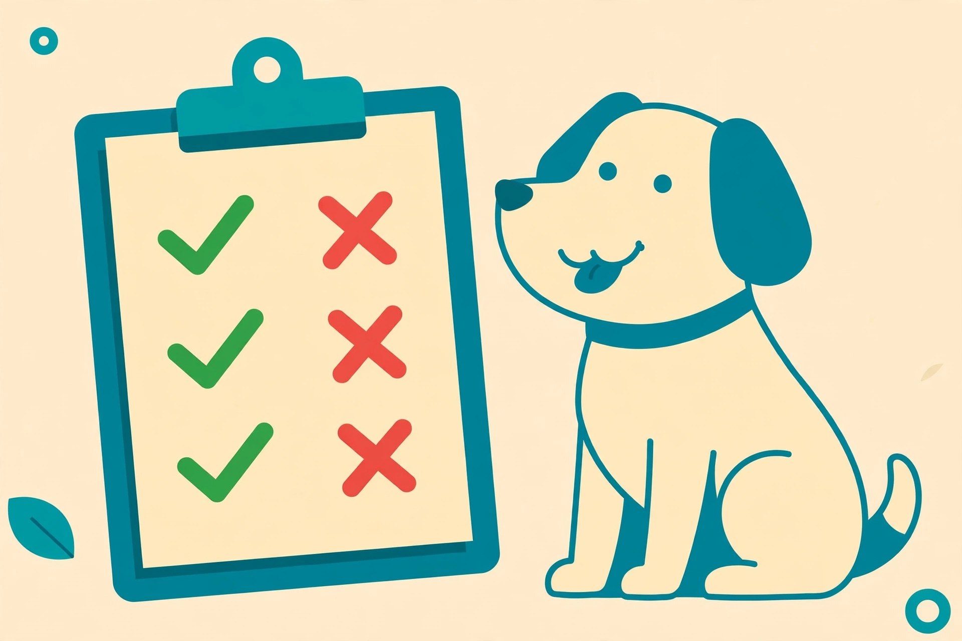Flat illustration of a checklist with covered items on one side and excluded items crossed out on the other, beside a happy dog