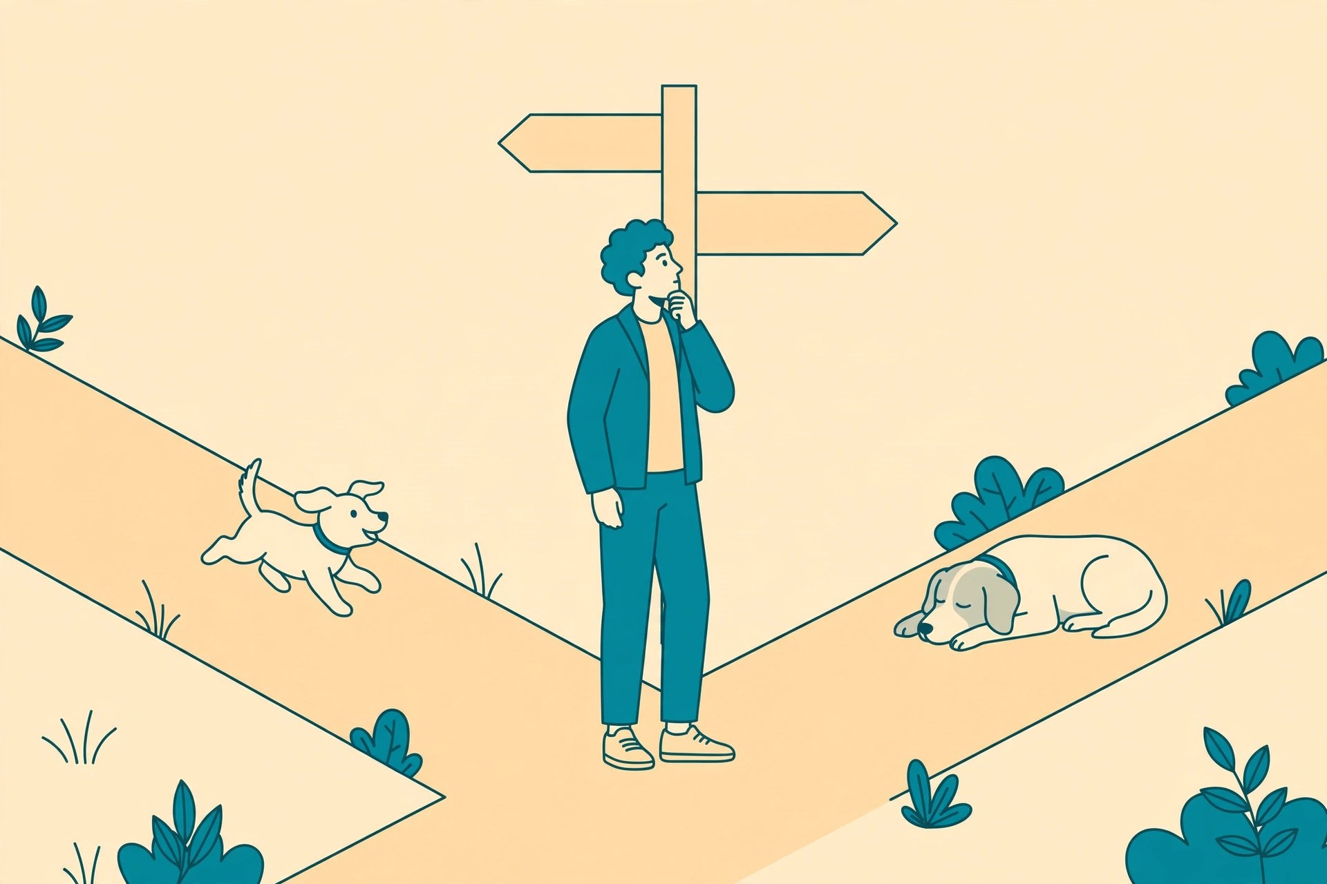 Flat illustration of a person weighing a decision, with a healthy senior dog on one side and a playful puppy on the other