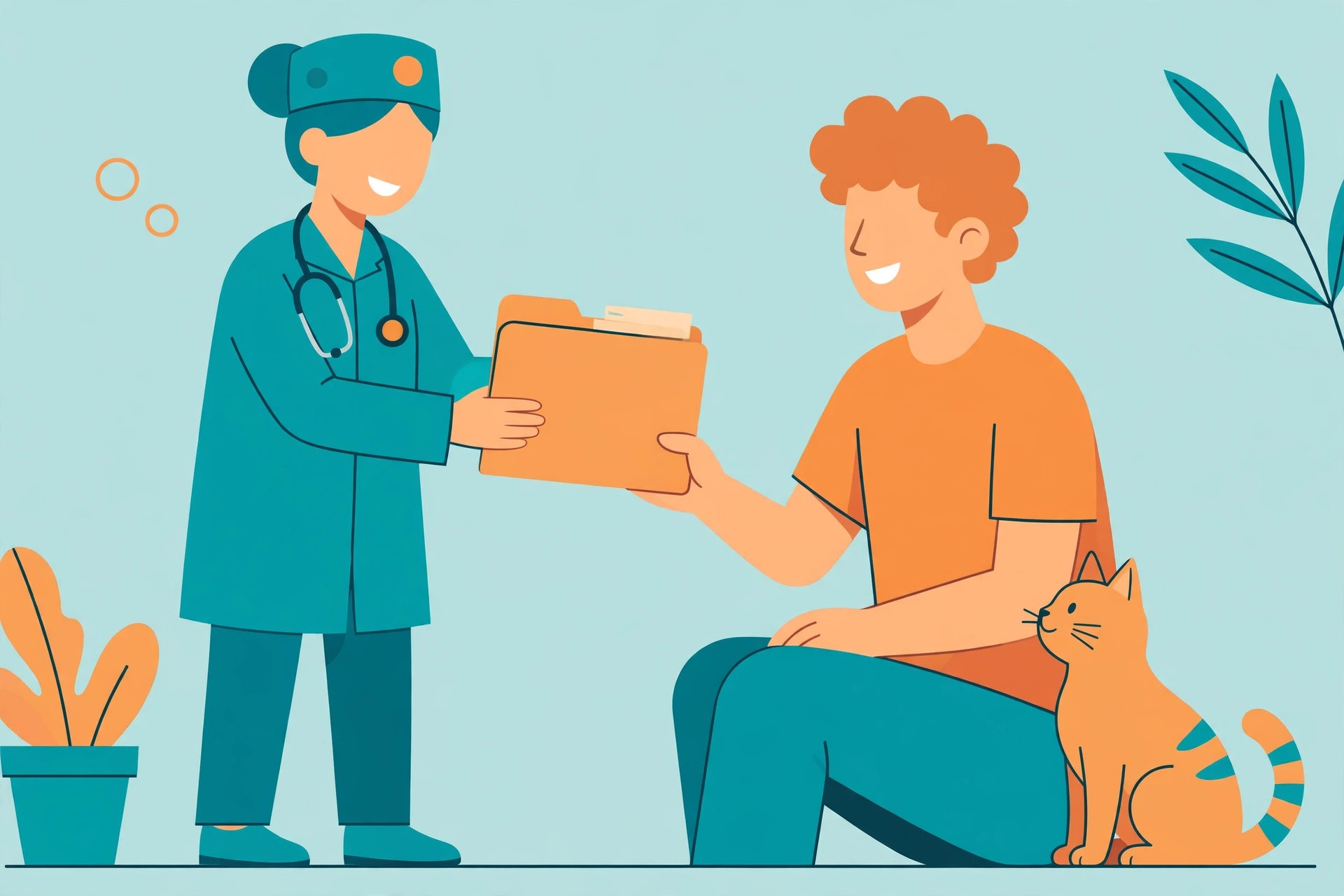 Flat illustration of a veterinarian handing a medical folder to a pet owner with a cat nearby